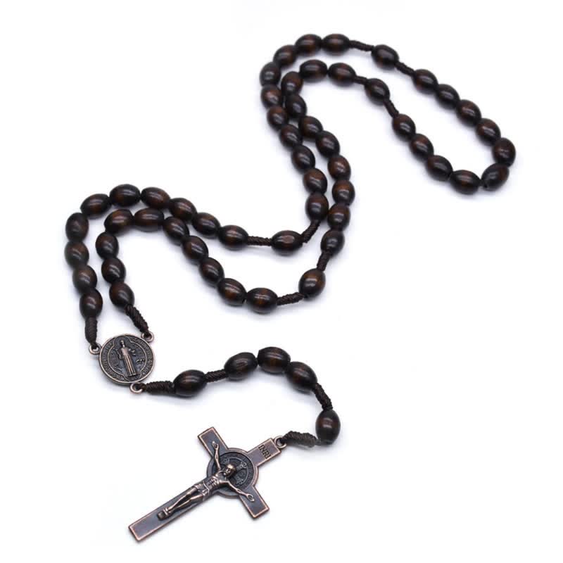 Collana rosario in legno con croce vintage lavorata a maglia Olivenorma - Marrone scuro - image 0