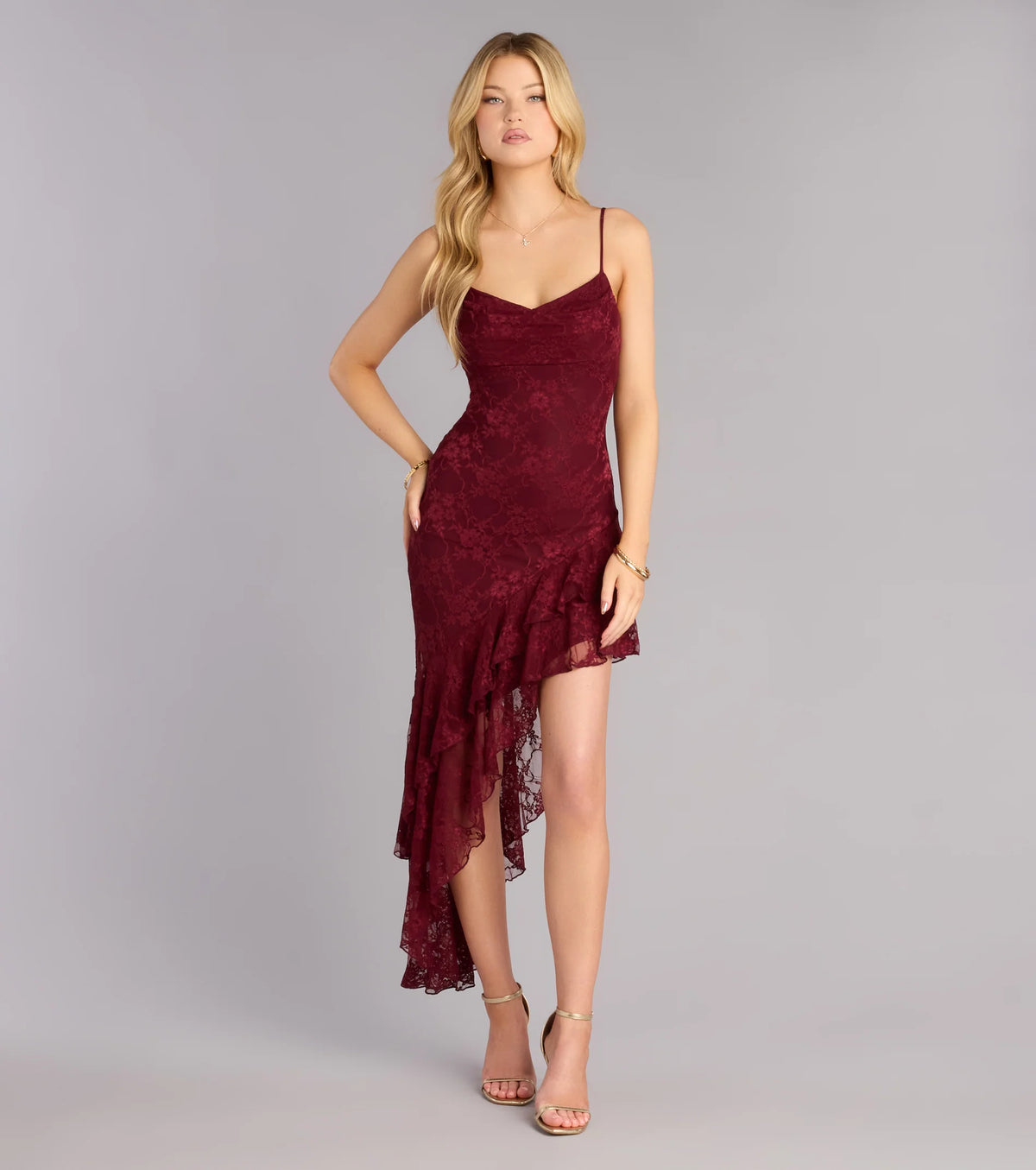 RSVP Ready Lace Asymmetric Ruffle Midi Dress