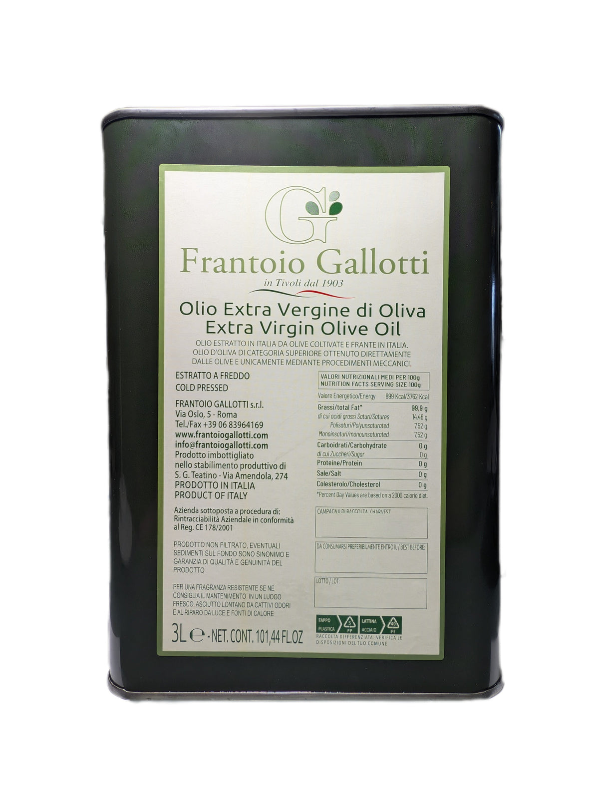 Frantoio Gallotti Extra Virgin Olive Oil packaging with label on a white background