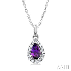 5x3 MM Pear Shape Amethyst and 1/20 Ctw Round Cut Diamond Halo Semi-Precious Pendant with Chain in 10K White Gold
