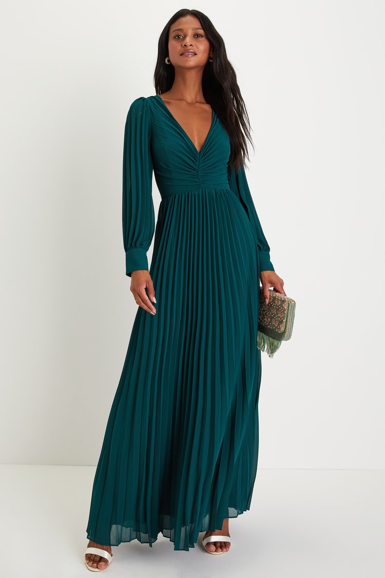 Emerald Green Pleated Long Sleeve Maxi Dress | Womens | X-Small (Available in 3X, 2X, M, L) | 100% Polyester | Lulus | Holiday Dresses