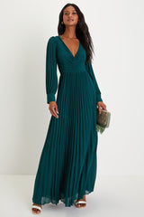 Emerald Green Pleated Long Sleeve Maxi Dress | Womens | X-Small (Available in 3X, 2X, M, L) | 100% Polyester | Lulus | Holiday Dresses