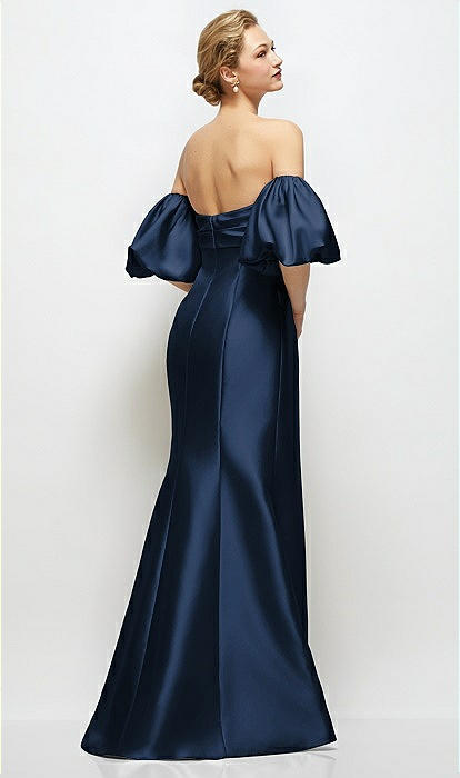 Alfred Sung Women's Off the Shoulder Puff Sleeve Satin Gown - Blue
