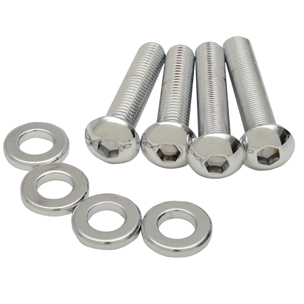 Four hex socket head bolts and four flat washers from the Drag Specialties Shock Mount Kit for 1982-2018 Harley-Davidson Sportster are neatly arranged on a white background.