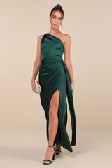 Green Signature Elegance Emerald Satin One-Shoulder Maxi Dress | Womens | Large (Available in XS, S, M, XL) | 100% Polyester | Lulus