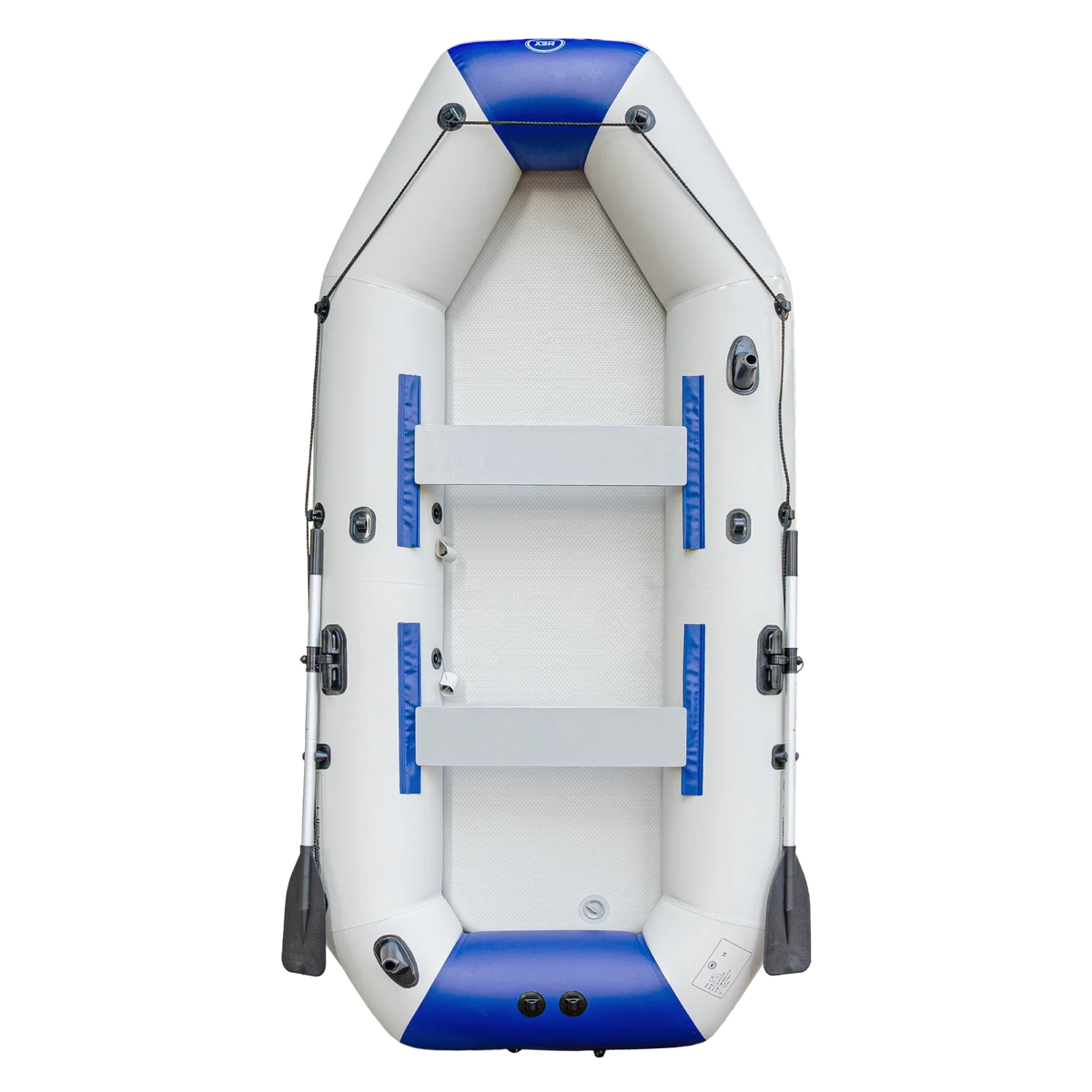 inflatable fishing boat with blue and gray design
