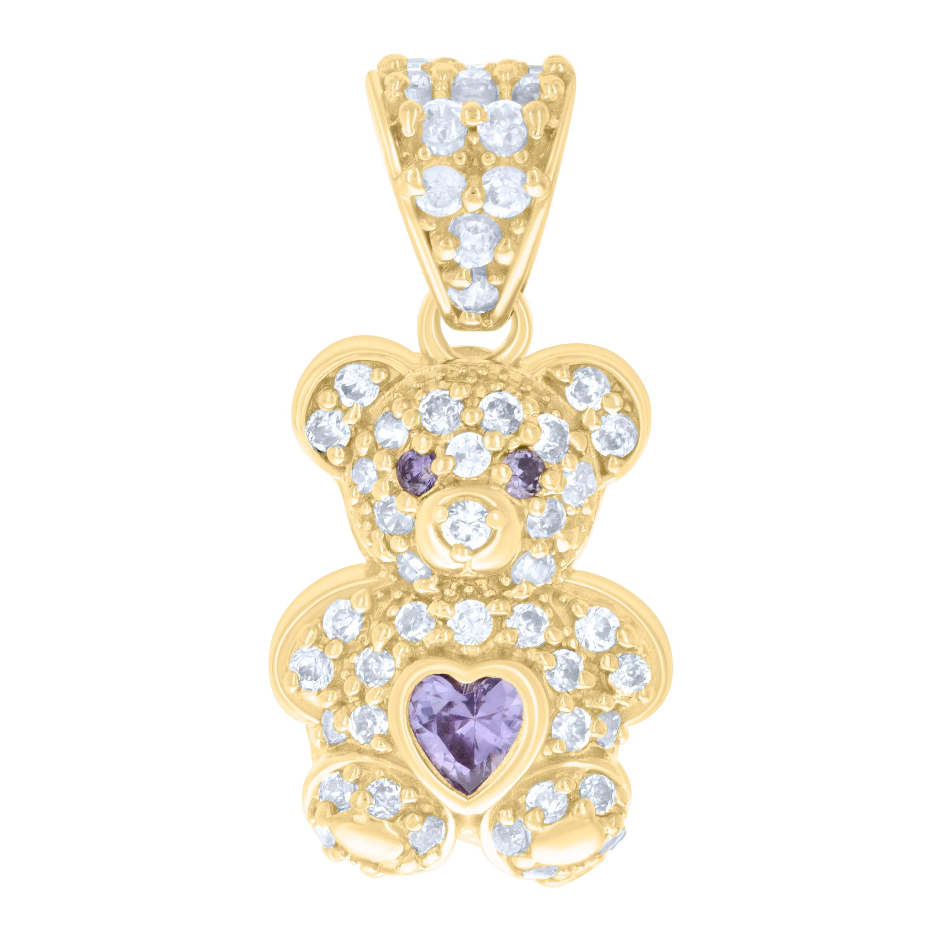 10kt Yellow Gold Womens Purple White Heart Round Cubic-Zirconia June Birthstone Teddy Bear Charm Pendant