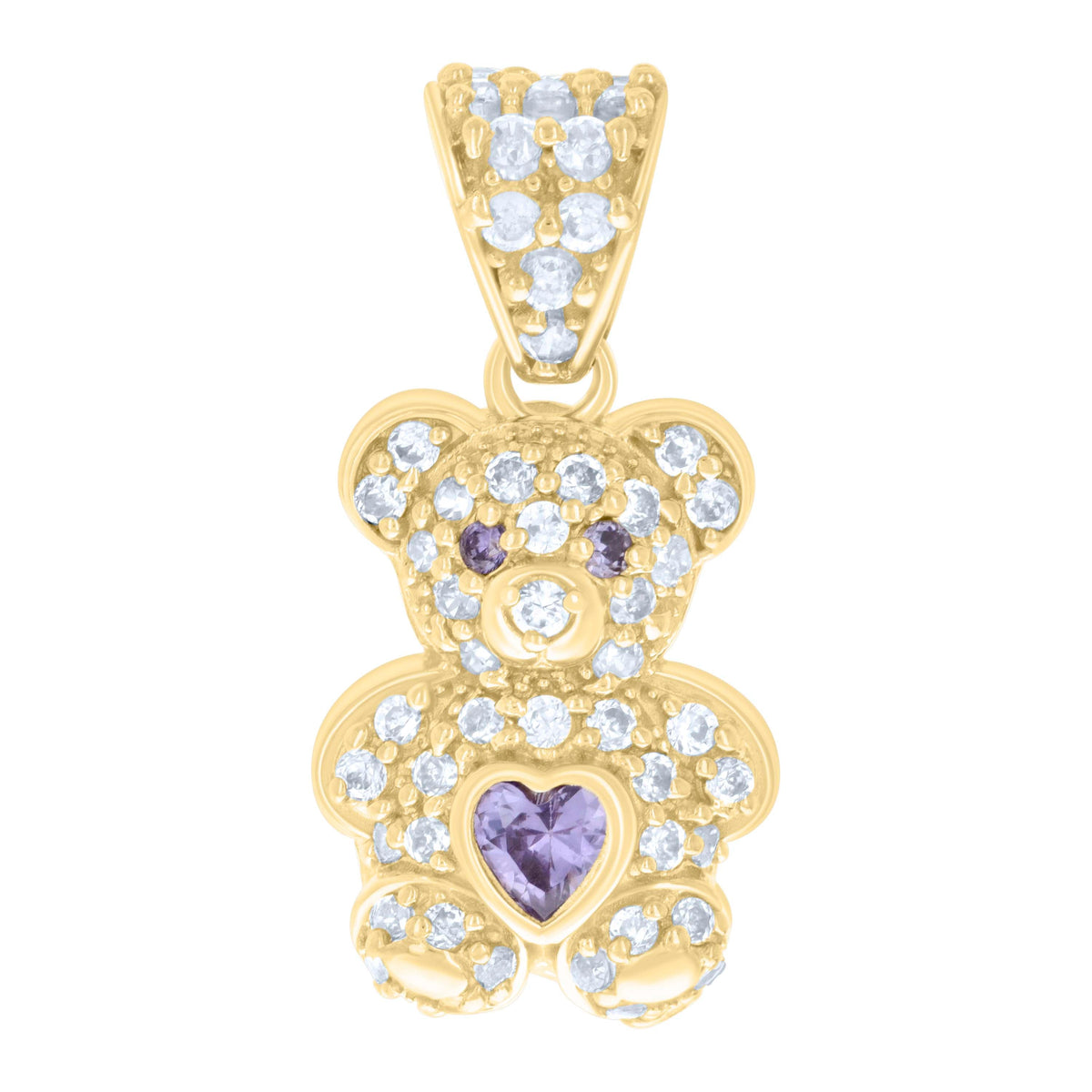 10kt Yellow Gold Womens Purple White Heart Round Cubic-Zirconia June Birthstone Teddy Bear Charm Pendant