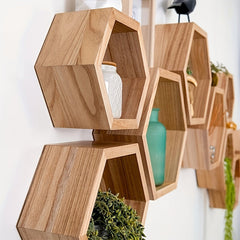HexaWood - 3 Stuks Houten Zeshoekige Zwevende Wandplanken voor Keuken, Woonkamer & Slaapkamer