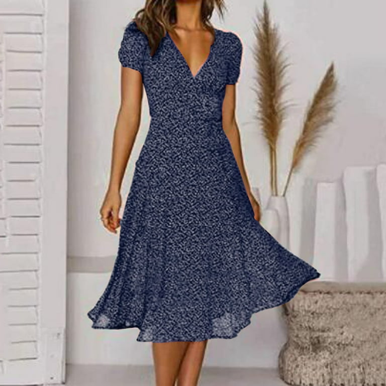 Msjuheg Sundress Floral Dress Blue Dress Women Casual Dresses for Women Summer Dresses for Women 2024 Polyester Spandex Navy Xxl