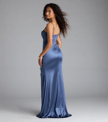 Catiana Cowl Neck Lace Slit Satin Formal Dress