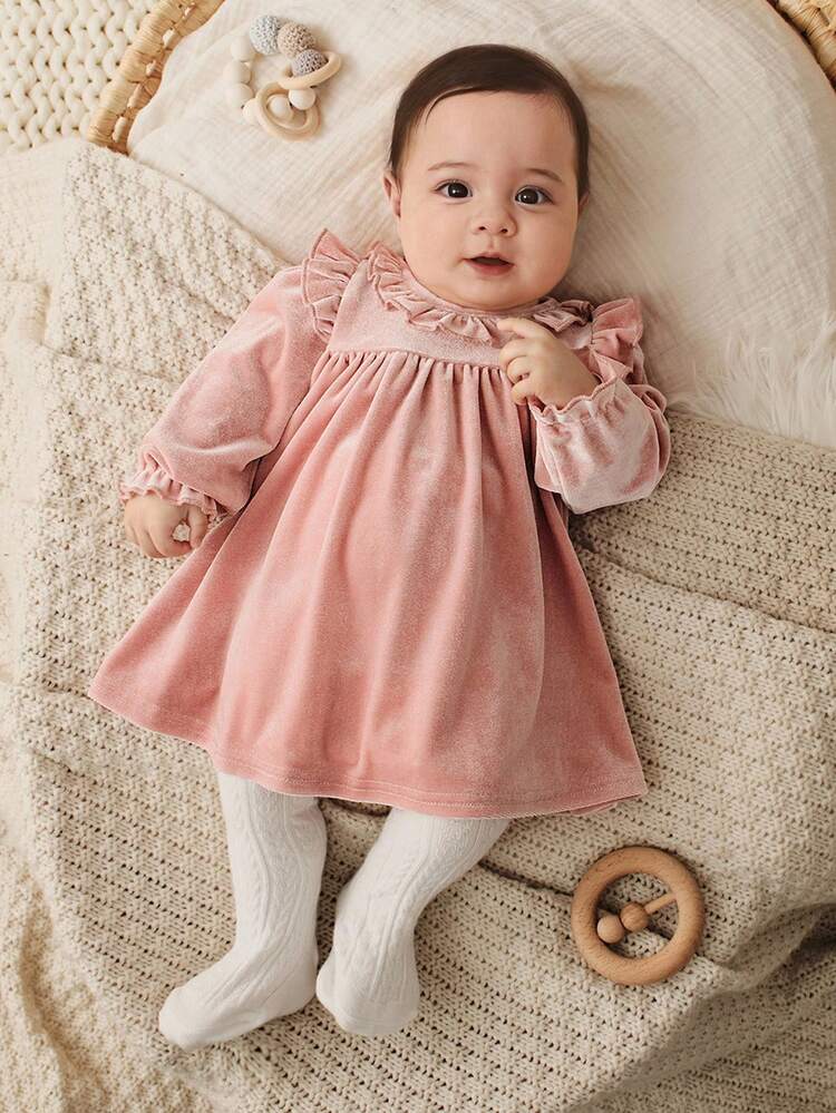 Cozy Pixies Newborn Baby Girl Dusty Pink Velvet Dress,Spring Cute Birthday Princess Dress,Round Neck Ruffle Trim Long Sleeve Cinched Waist Casual Autumn/Winter