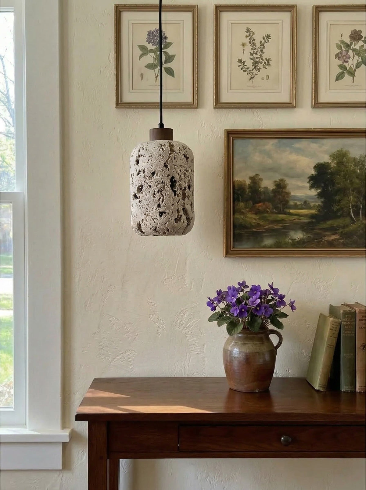 Barrel-shaped Travertine Cutout Pendant Lamp