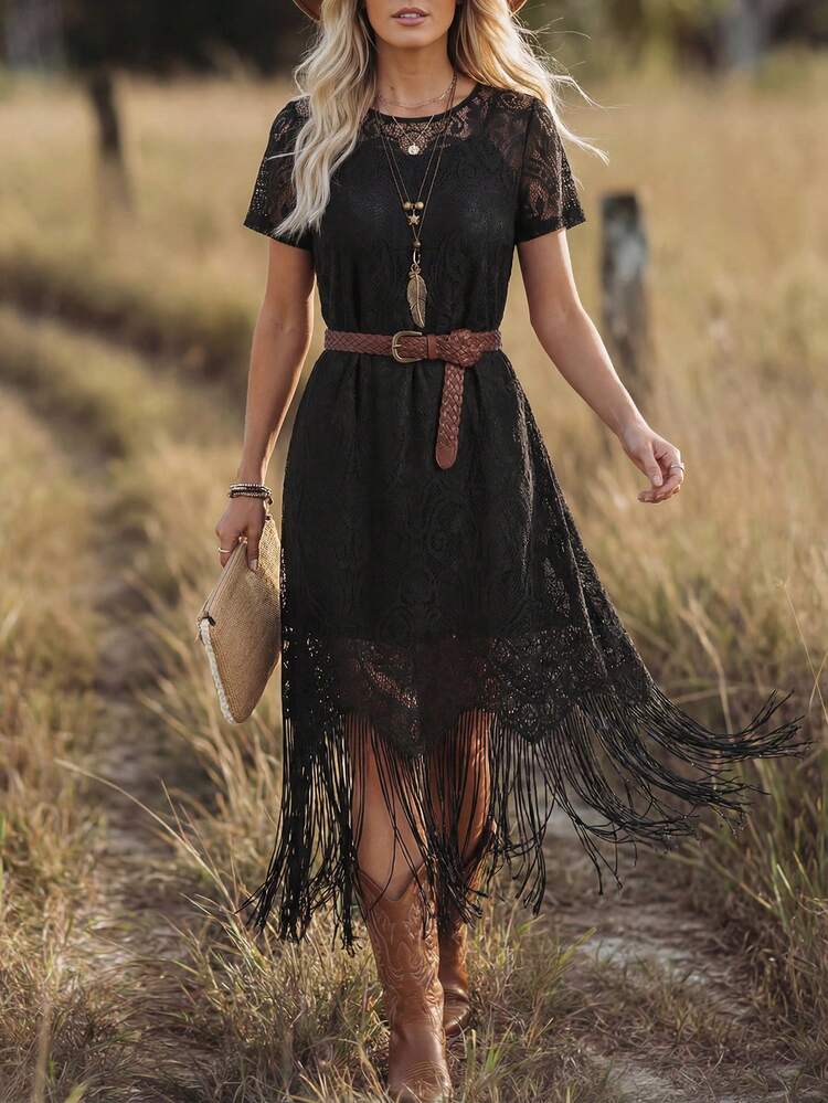 Wildy Black Boho Lace Fringe Midi Dress Women's Wedding Guest Cocktail Regular Fit Round Neck Short Sleeve Woven Fabric Western Country Casu,M