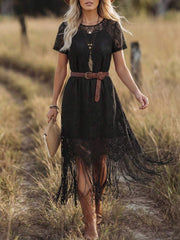 Wildy Black Boho Lace Fringe Midi Dress Women's Wedding Guest Cocktail Regular Fit Round Neck Short Sleeve Woven Fabric Western Country Casu,M