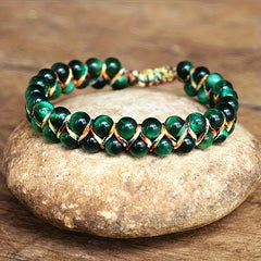 Olivenorma Tigerauge Doppelreihen-Perlenarmband mit verstellbarem geflochtenem Band - Grünes Tigerauge - image 0