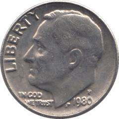 1980 ONE DIME USA PHILADELPHIA MINT - SILVER WORLD COINS - Cambridgeshire Coins