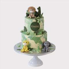 Jungle safari kindertaart met 3D fondant dieren, gepersonaliseerd en lokaal bezorgd in Zeist