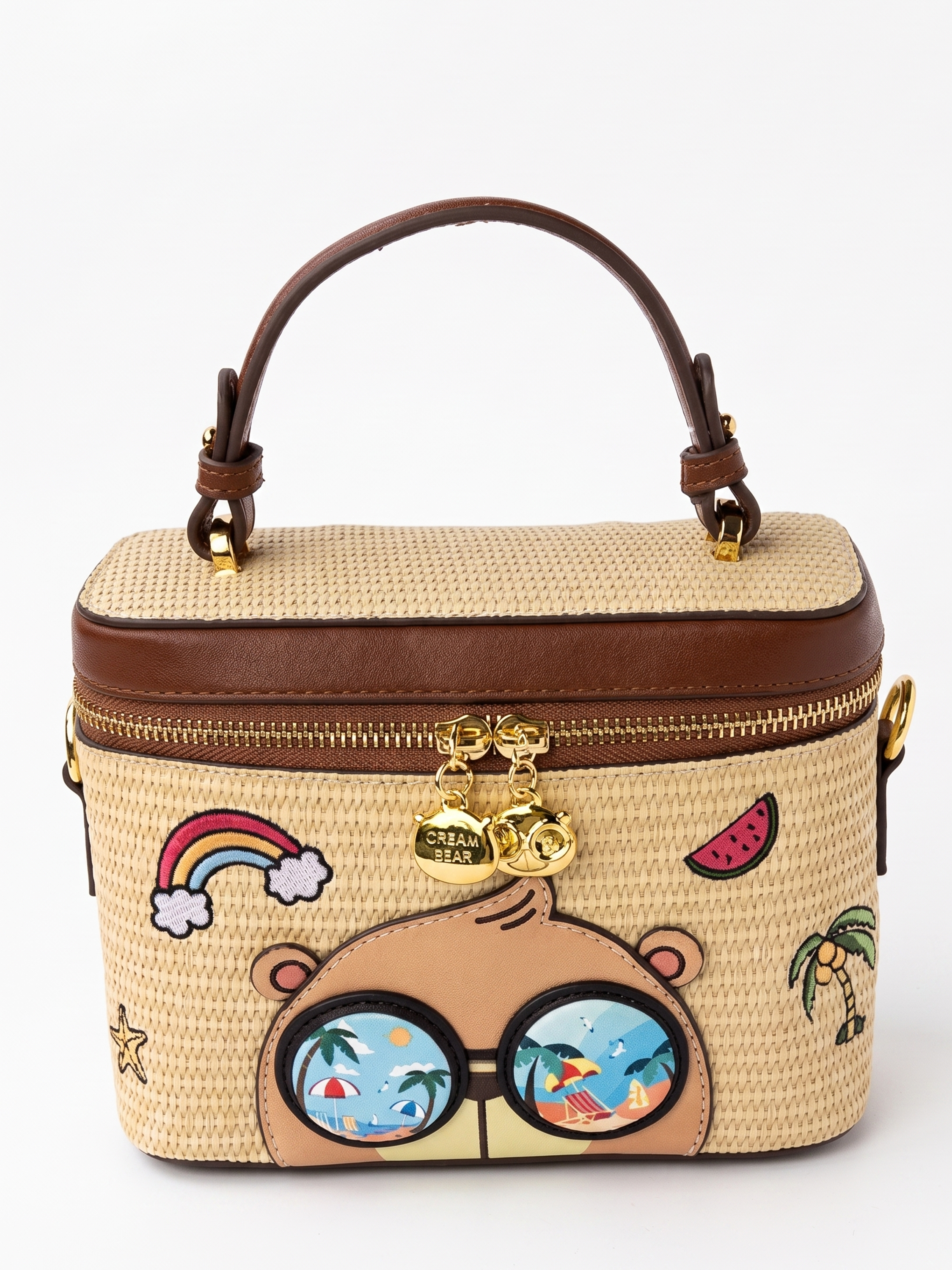 Cream Bear Summer Straw Vanity Bag