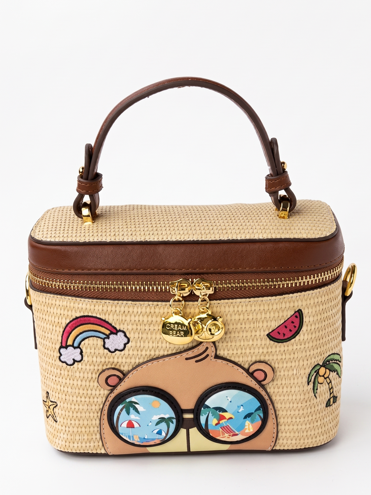 Cream Bear Summer Straw Vanity Bag