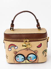Cream Bear Summer Straw Vanity Bag