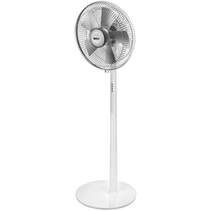 Der Unold STANDVENTILATOR Silverline ist ein weißer elektrischer Standventilator mit rundem Standfuß, hoher, verstellbarer Stange und Schutzgitter. Die Bedientasten befinden sich an der Stange. Der Ventilator ist vor einem schlichten weißen Hintergrund dargestellt.
