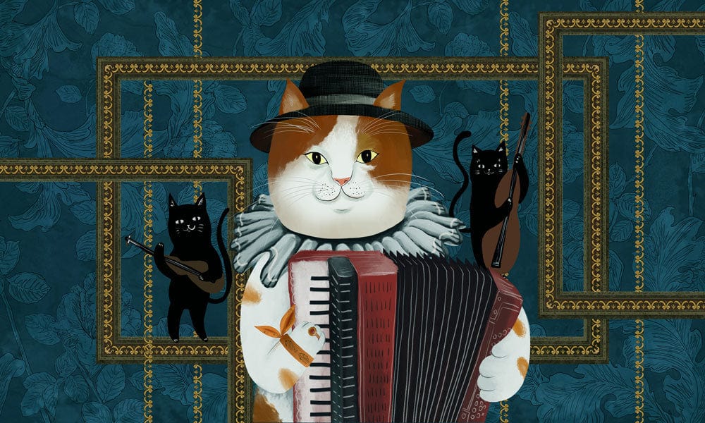 Charming Cat Musician Wallpaper with Accordion - Vintage Blue Design Pattern