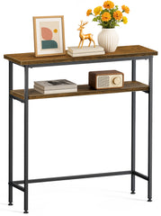 Schmaler Konsolentisch mit 2 Ablagen, Flurtisch aus Metall und MDF, Industrie-design 75×24×75 cm, Braun - VOUNOT DE