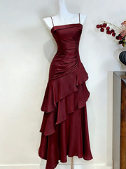 Wine Red Satin Ruched Prom Dress,Spaghetti Straps Tiered Party Dress Evening Dress  fg8720