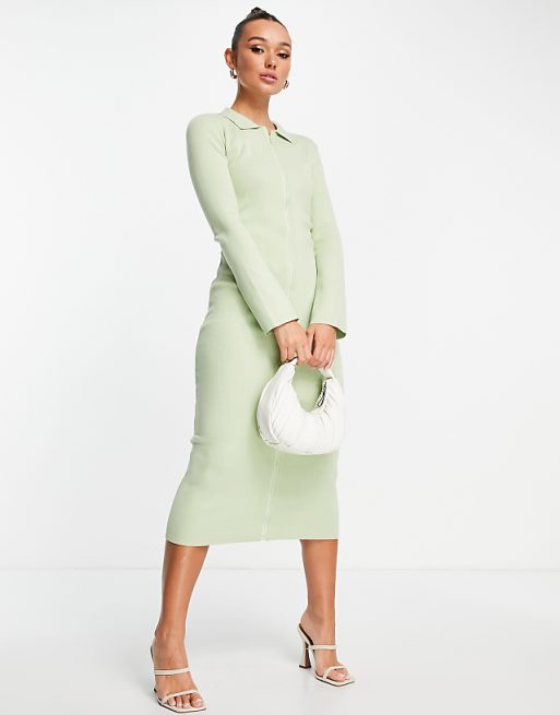 Pretty Lavish zip front knit shirt dress in mint