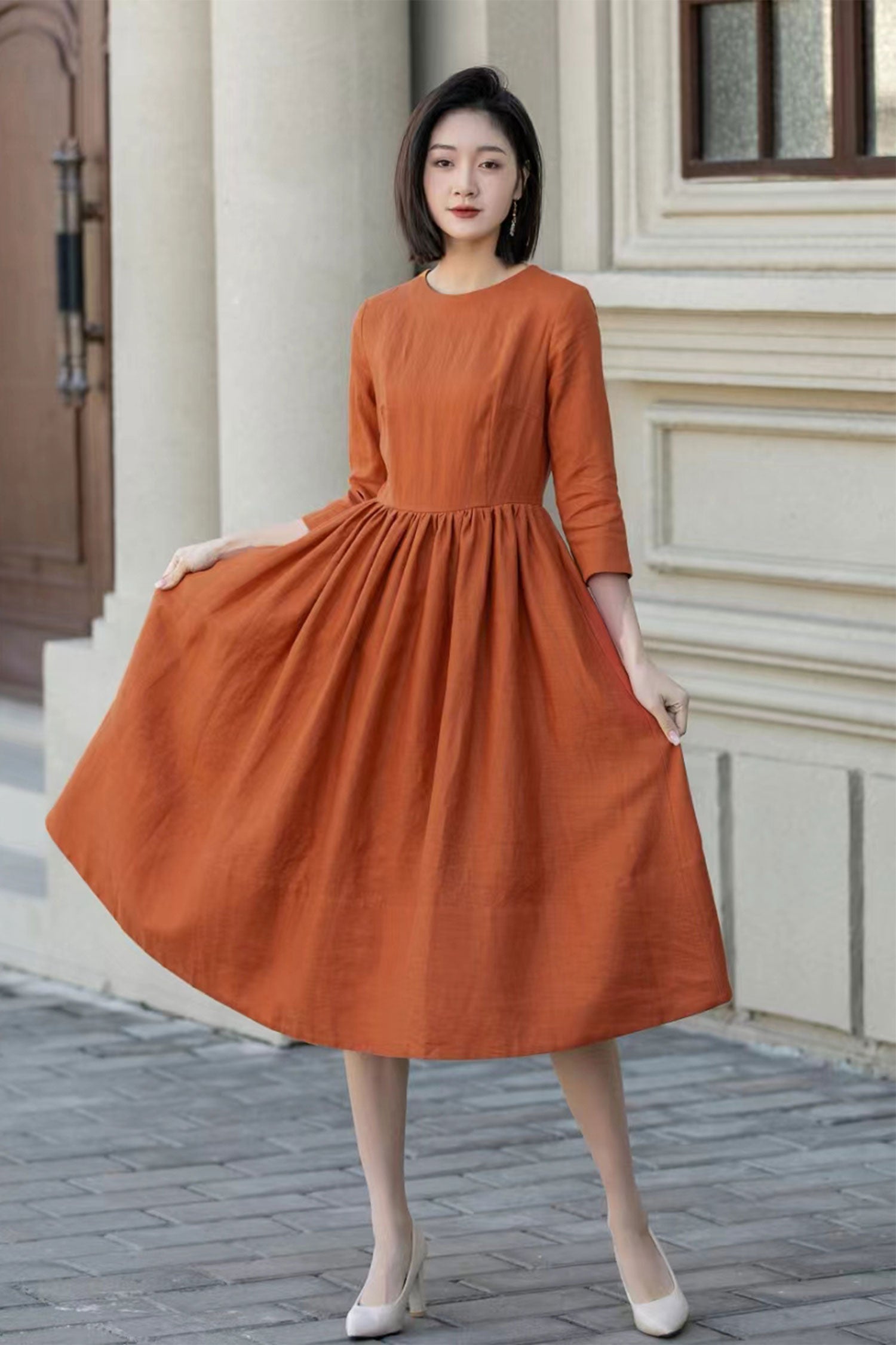 Rust Orange Linen Midi Dress - Fit and Flare A-Line Silhouette 4896