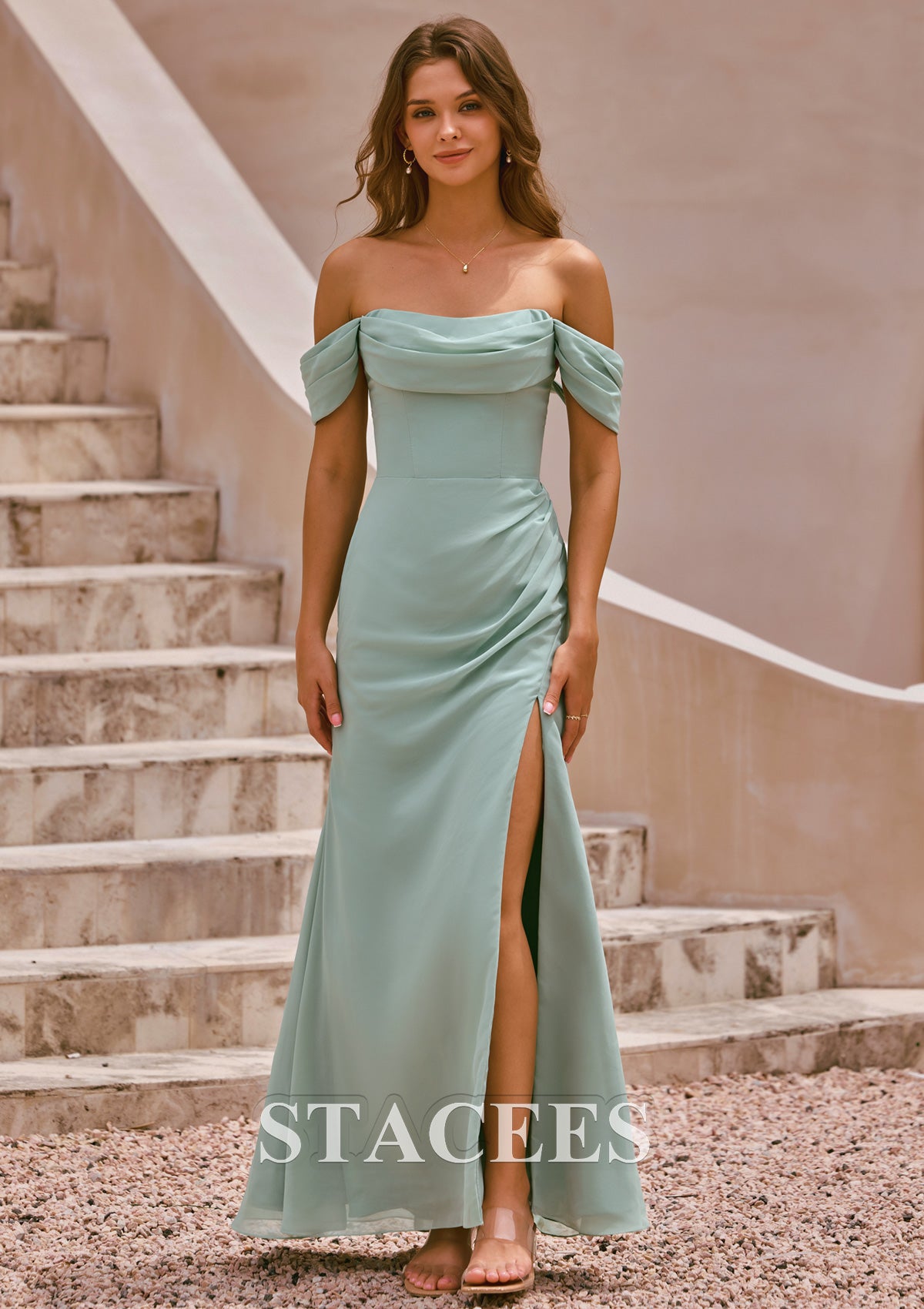 Stacees Off-Shoulder Chiffon Sky Blue Bridesmaid Dress with Pleats Front