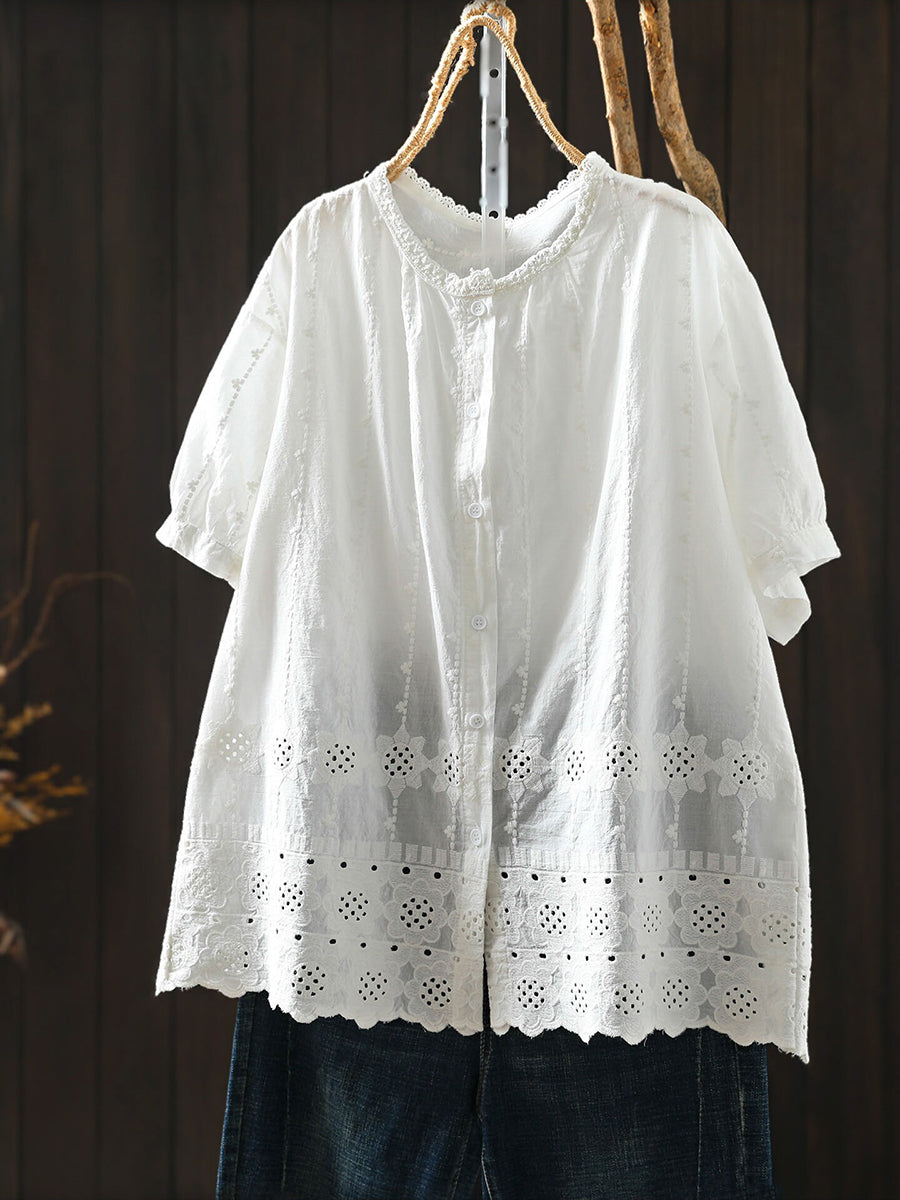 Women Summer Artsy Embroidery 100%Cotton O-Neck Shirt