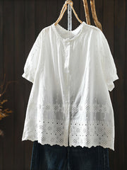 Women Summer Artsy Embroidery 100%Cotton O-Neck Shirt