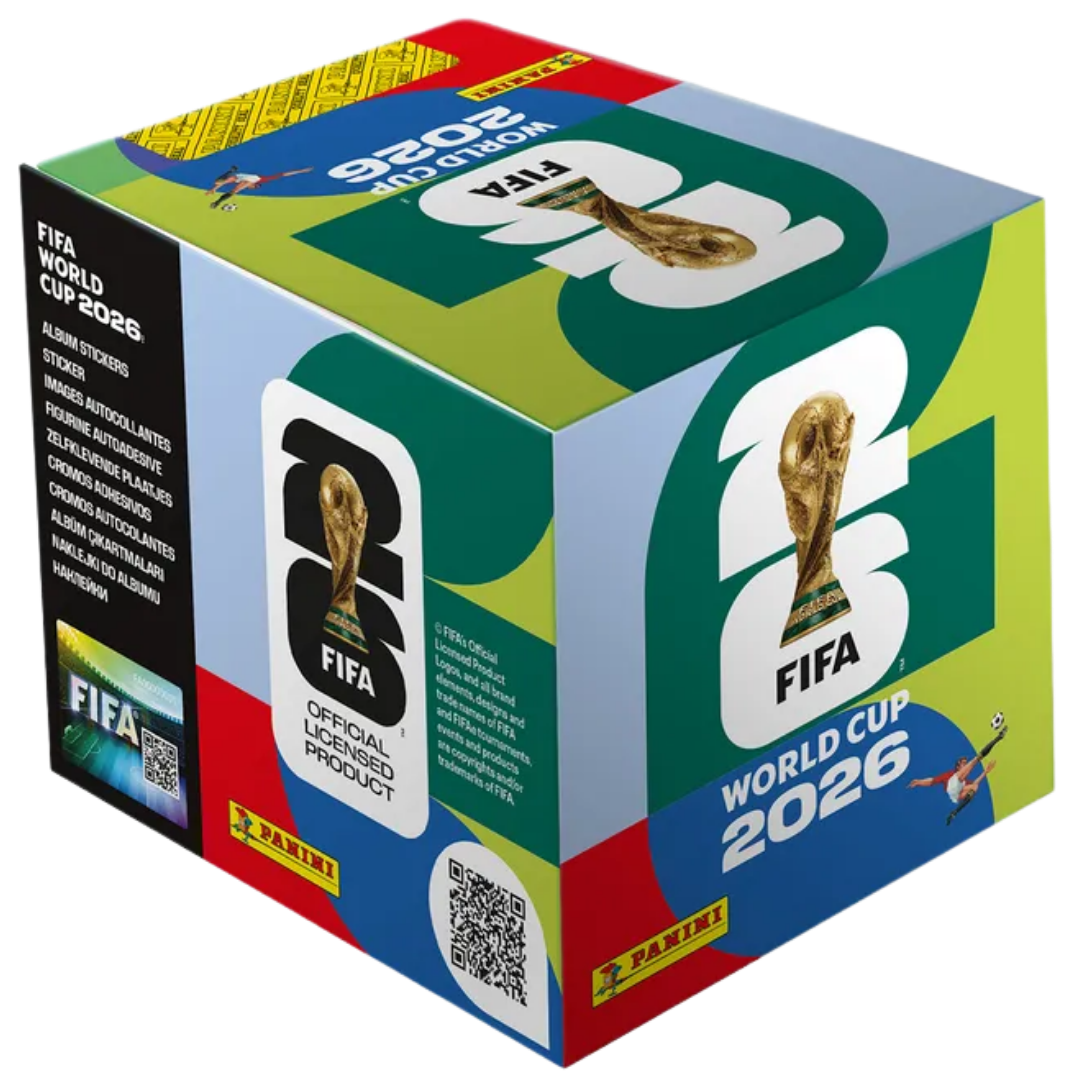 2026 Panini World Cup Soccer - Stickers (Box of 50 Packs) box art featuring the iconic world cup trophy