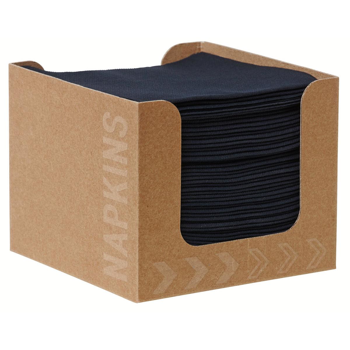 A black Bio-Dunisoft napkin box (20 x 20 cm) from Duni GmbH contains neatly stacked black napkins that are visible through the cutout on the front labeled "NAPKINS."