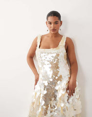ARRANGE Curve embellished disc sequin square neck full skirt midi dress in lemon