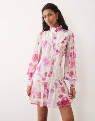 Hope & Ivy chiffon high neck balloon sleeve dropped waist mini dress in  pink floral