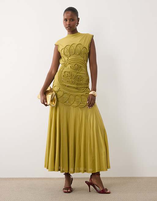 ASOS DESIGN high neck maxi dress with corded embroidery & scattered pearls  in tobacco