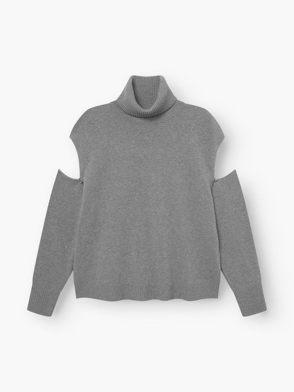 Der Pullover Carry Grey ist ein Damenpullover mit Rollkragen, offenen Schulterausschnitten und langen Ärmeln, der flach auf weißem Hintergrund abgebildet ist.