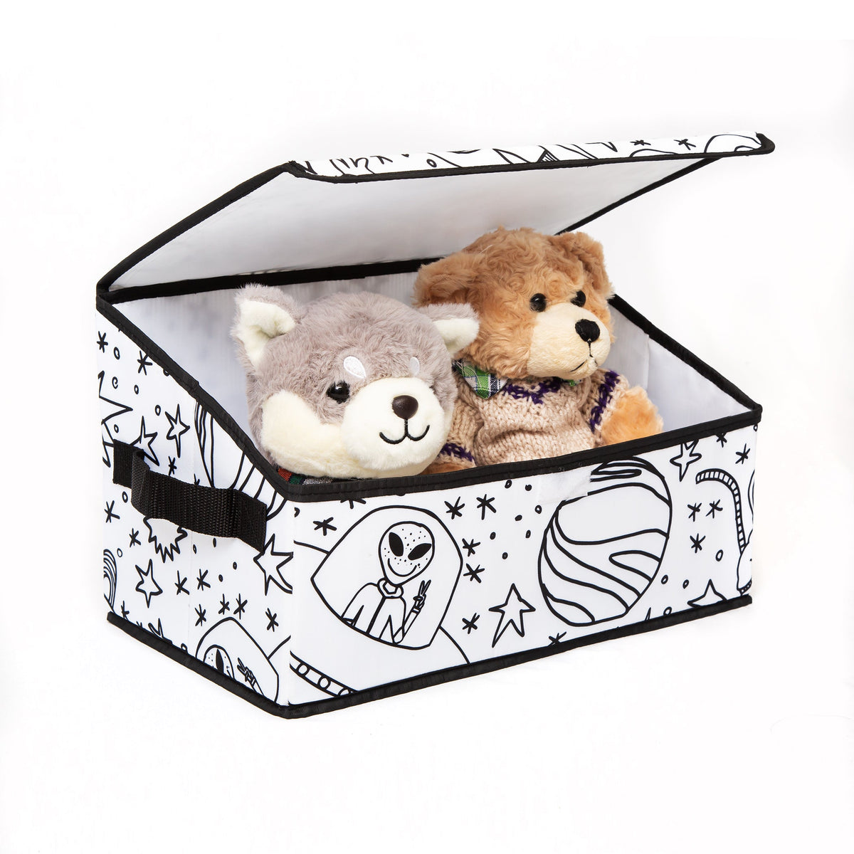 Home Outfitters Kid'S Coloring Lidded Angle Storage Bin W/ 4 Pack Of Washable Markers, Space Print
