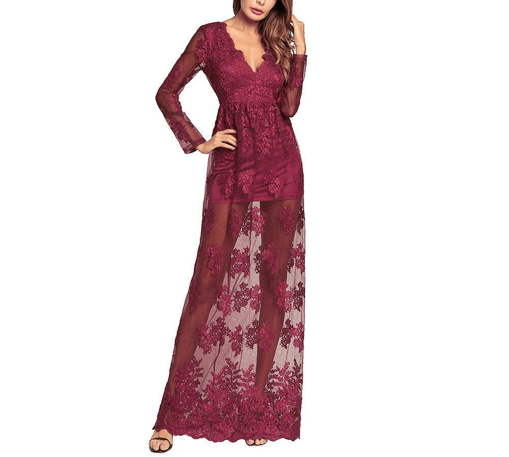 New V-neck Long Sleeve Mesh Embroidered Perspective Evening Dress
