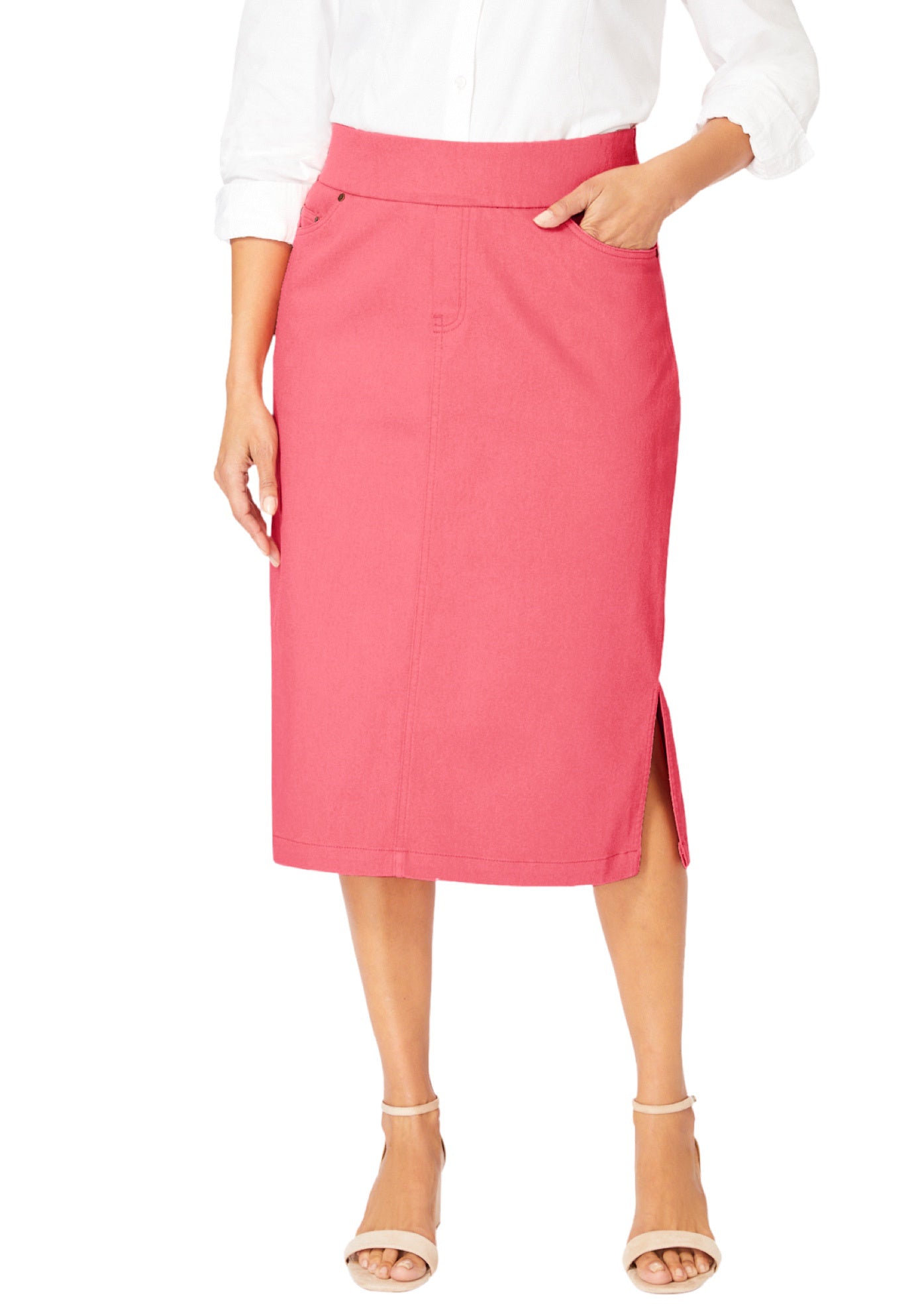 Comfort Waist Stretch Denim Midi Skirt | Jessica London