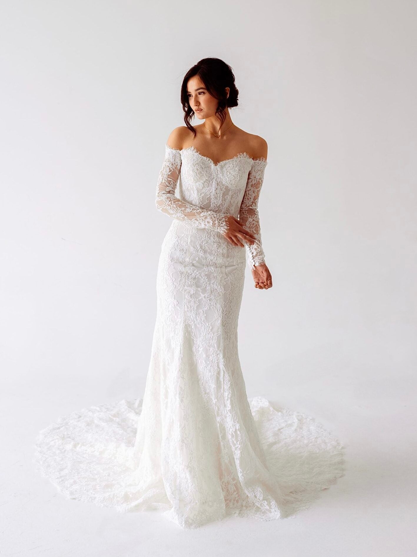 Lace Off-Shoulder Wedding Dress with Sheer Long Lace Sleeves