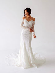 Lace Off-Shoulder Wedding Dress with Sheer Long Lace Sleeves