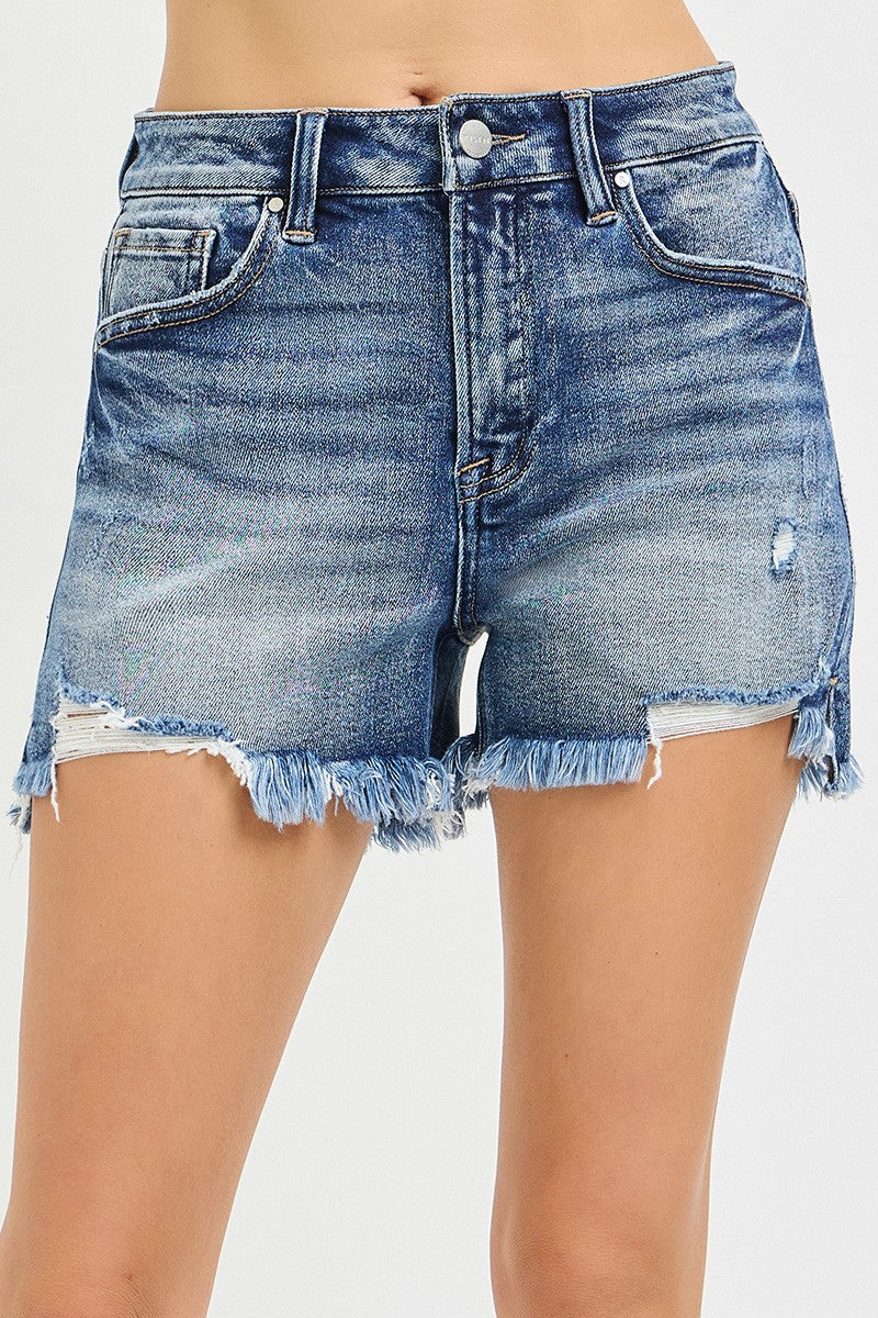 Risen Denim Shorts | High Rise Distressed Washed Step Side Hem