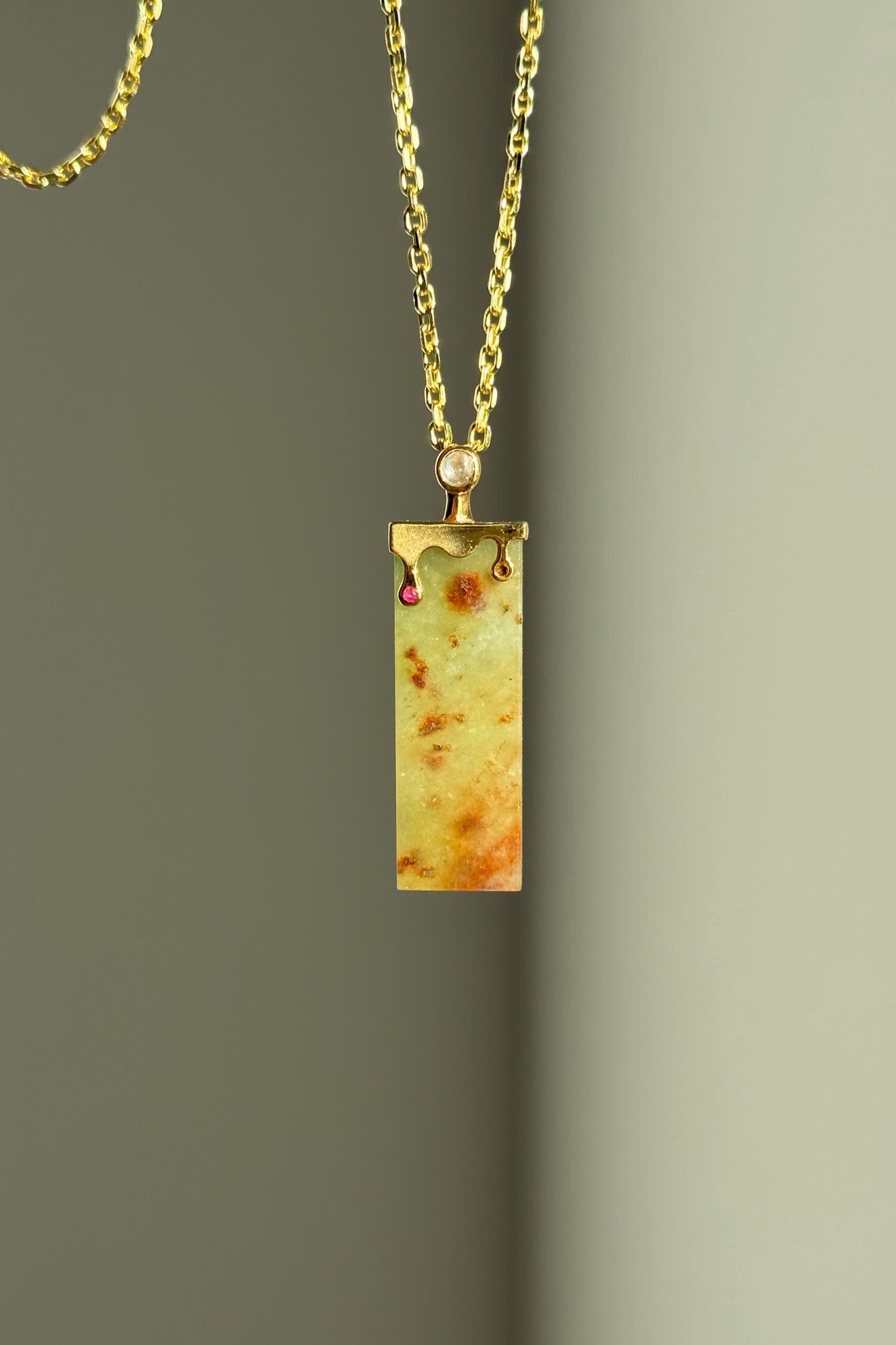 #P0559 "Wushi/Peace" Icy Red Yellow Green Jadeite Jade Peace 18K Yellow Gold Pendant