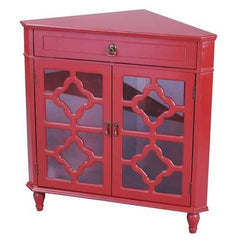 1-Drawer, 2-Door Corner Cabinet W/Quatrefoil Glass Inserts - Mdf, Wood Clear Glass In Red