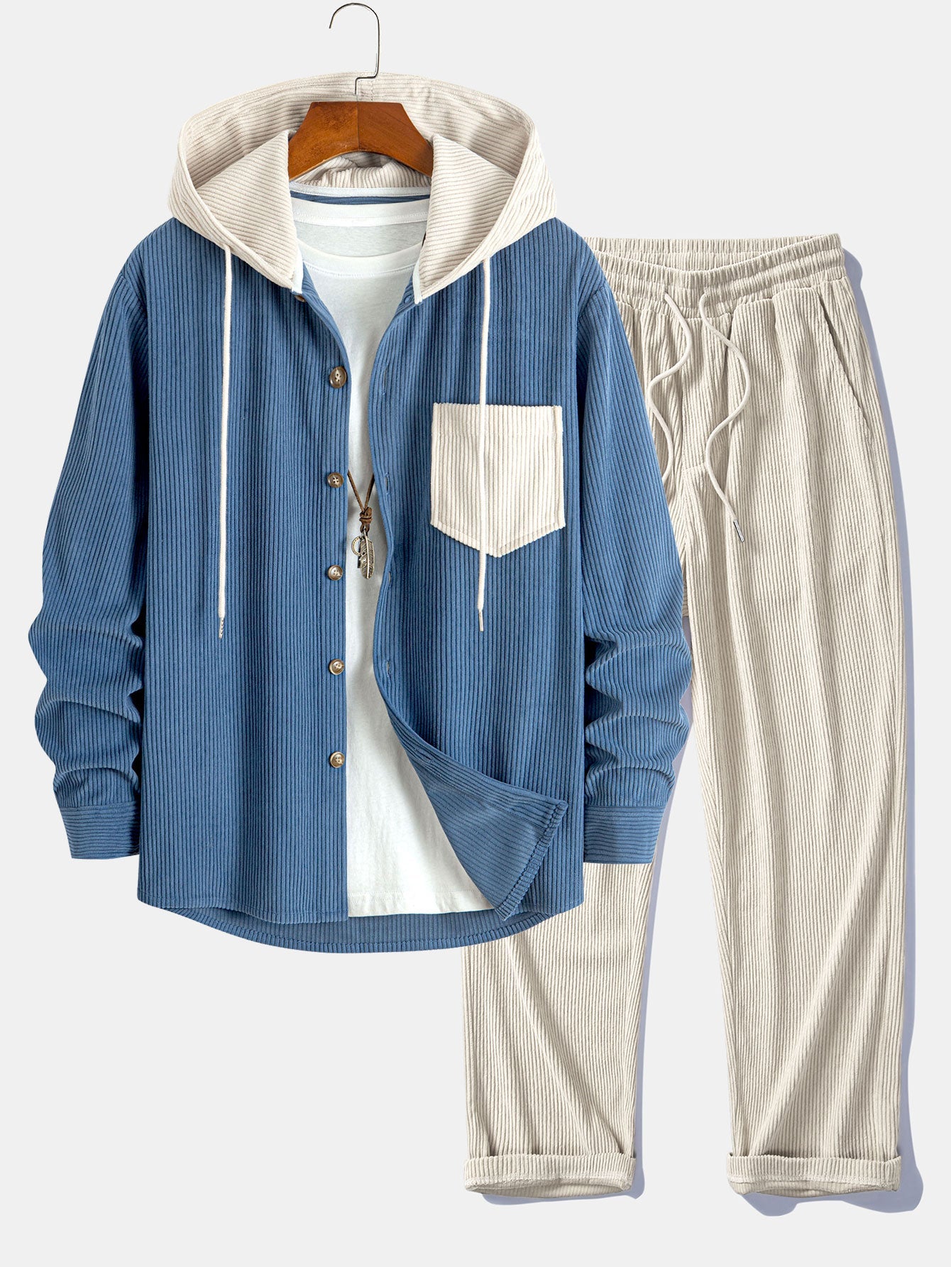 Long Sleeved Contrast Corduroy Hooded Shirt & Straight Leg Corduroy Pants