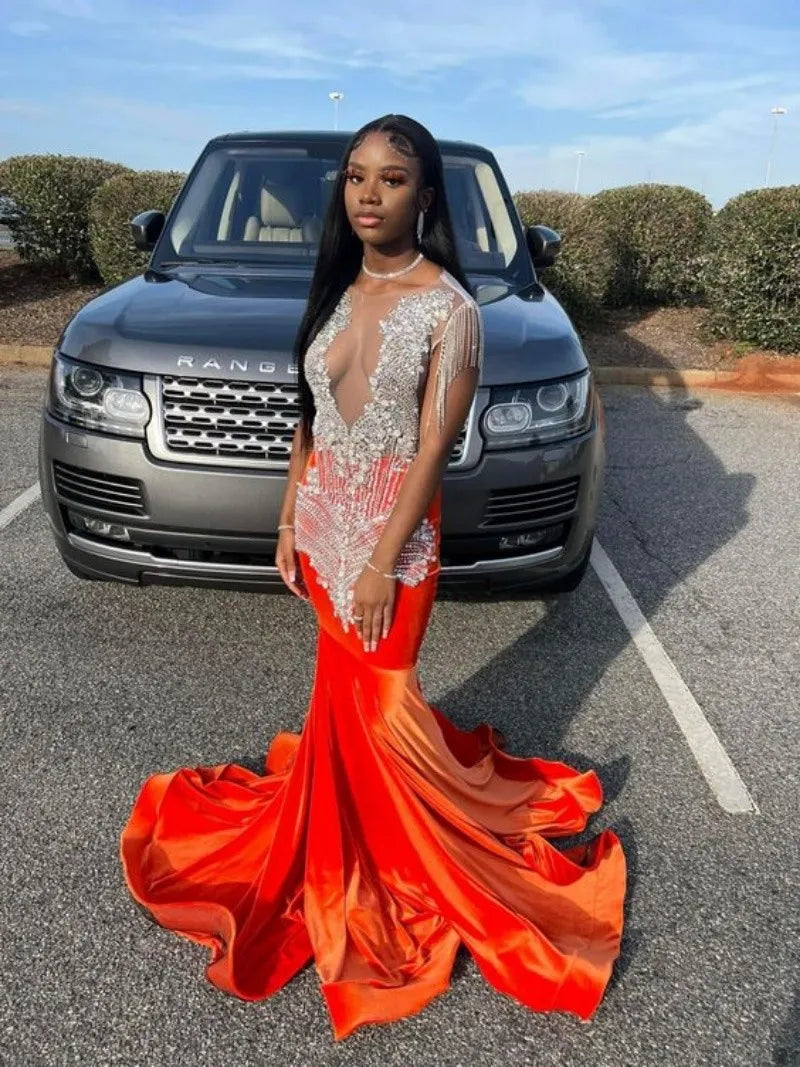 Burnt Orange Prom Dresses For Black Girls Luxury Cyrtsal Beaded Aso Ebi  Mermaid Evening Dress South African Formal Velvet Dress Elegant Plus Size